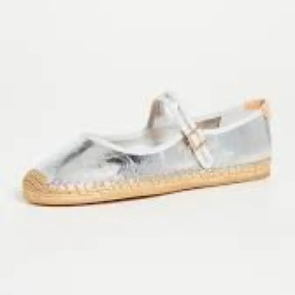 NIB Tory Burch Mary Jane Espadrille Flats Silver/Gray/Natural